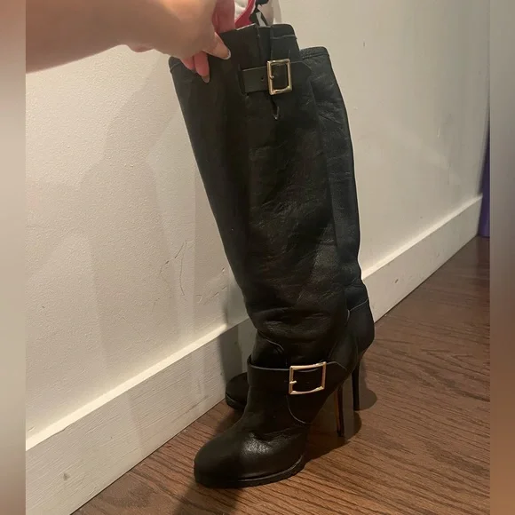 Jimmy Choo Black Biker Distressed Leather
Unlined Knee Length Boots - Picture 2 of 8
